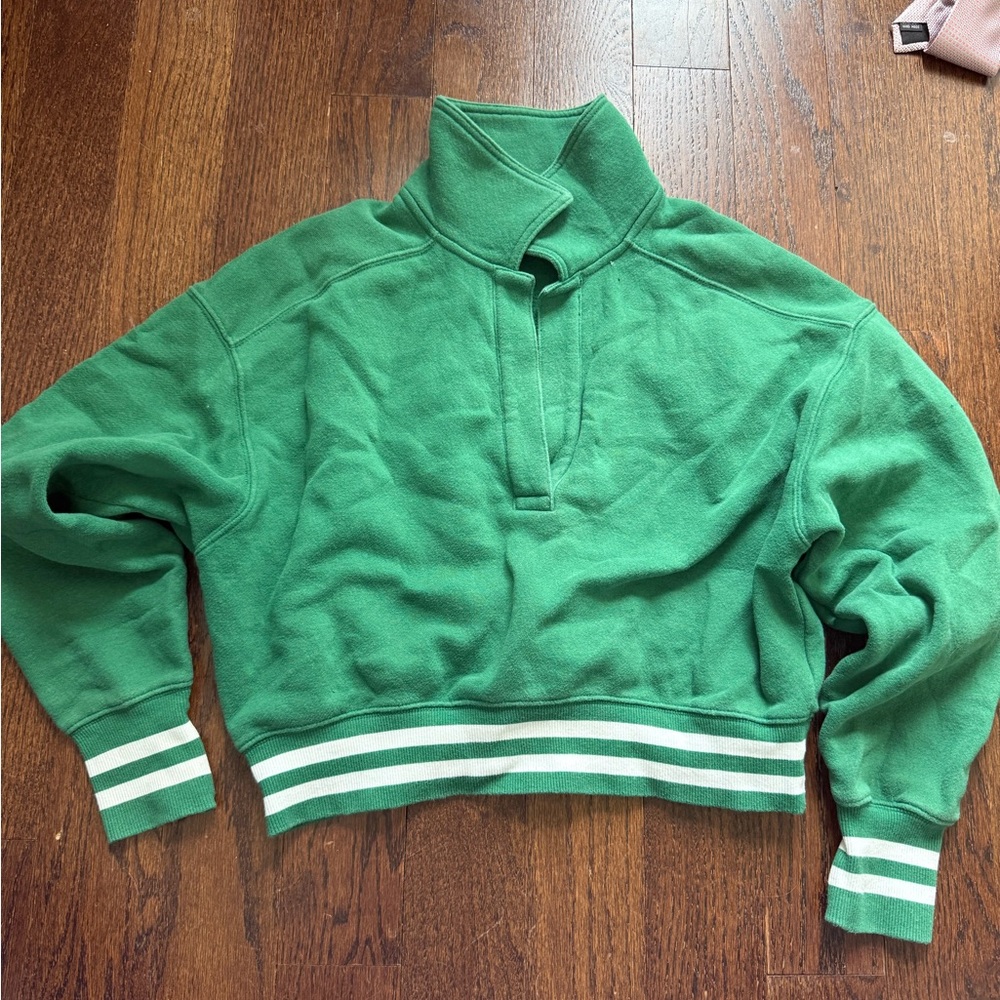 aerie Green Funnel-Neck Cropped Sweatshirt with White Tag Detail